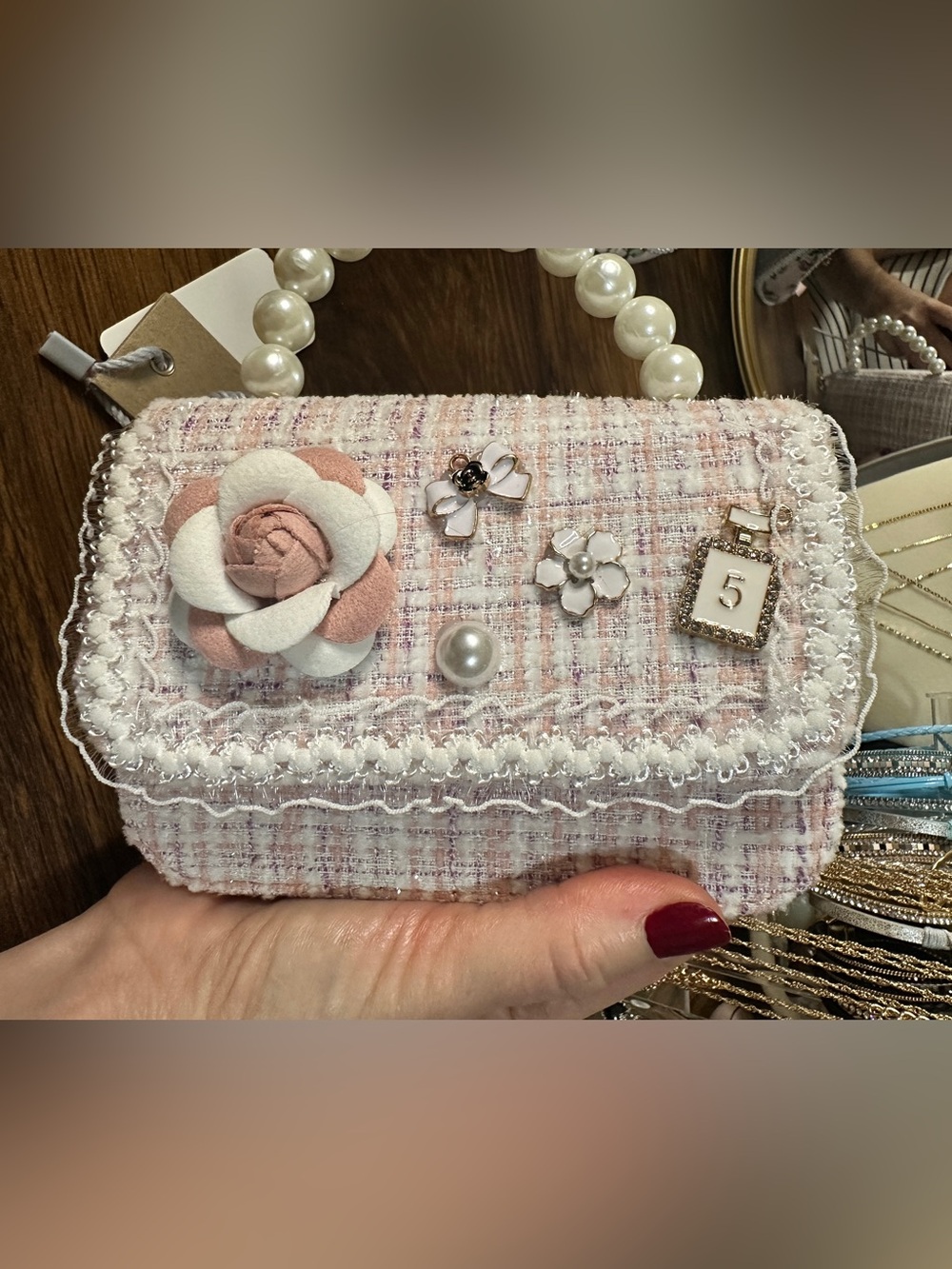Chic Pink Tweed Pearl-Embellished Women's Handbag